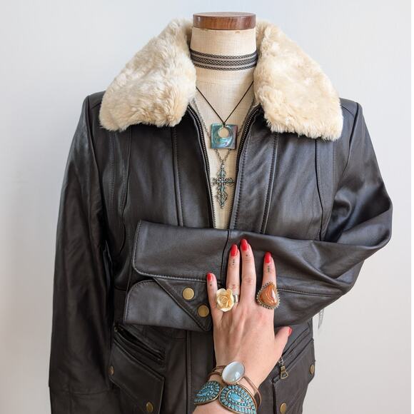 Vintage Brown Leather Jacket Faux Fur Lambskin Moto Chic Biker Bomber Coat Large - Picture 3 of 13